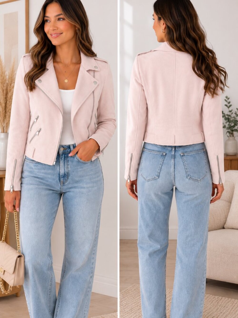 Zara Basic Blush Pink Faux Suede Moto Jacket Size S
